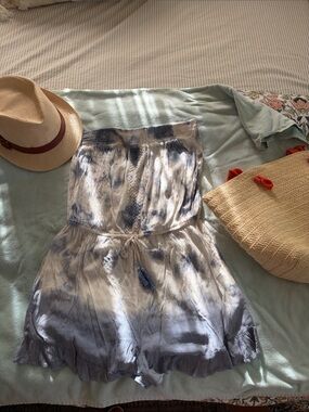 Strapless Tie-Dye Romper in Blue and Cream